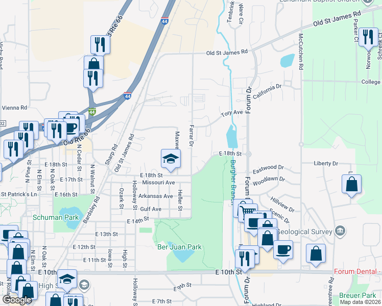 map of restaurants, bars, coffee shops, grocery stores, and more near 1951 Farrar Drive in Rolla