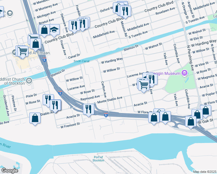 map of restaurants, bars, coffee shops, grocery stores, and more near 1150 Victoria Avenue in Stockton