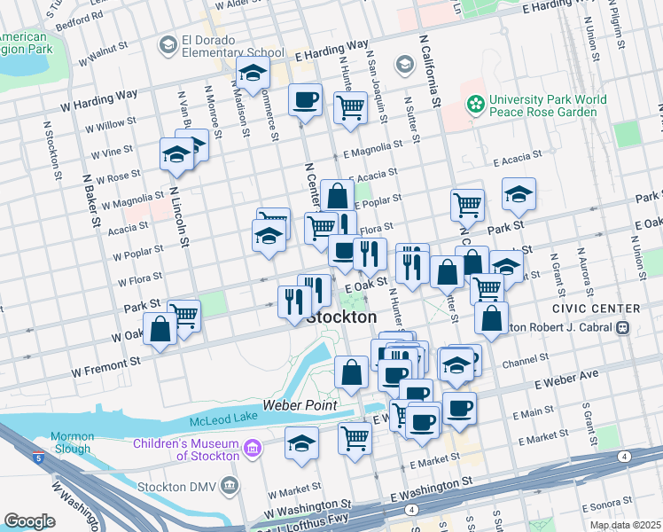 map of restaurants, bars, coffee shops, grocery stores, and more near 2 East Park Street in Stockton