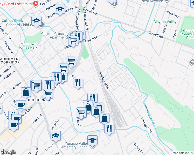 map of restaurants, bars, coffee shops, grocery stores, and more near 2650 Cloverdale Avenue in Concord