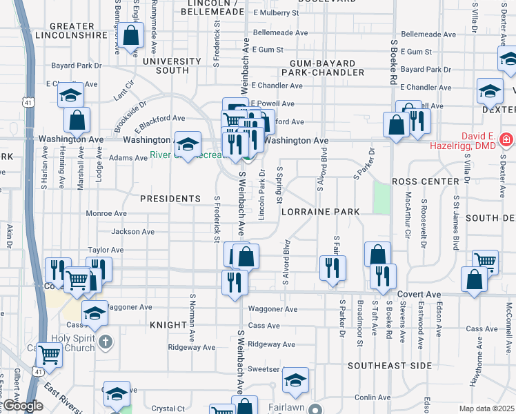 map of restaurants, bars, coffee shops, grocery stores, and more near 1231 South Lincoln Park Drive in Evansville