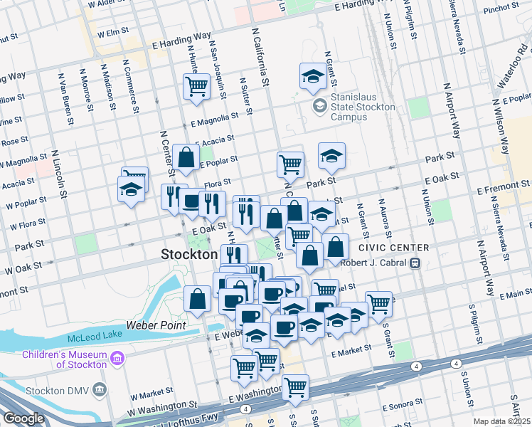 map of restaurants, bars, coffee shops, grocery stores, and more near 341 East Oak Street in Stockton