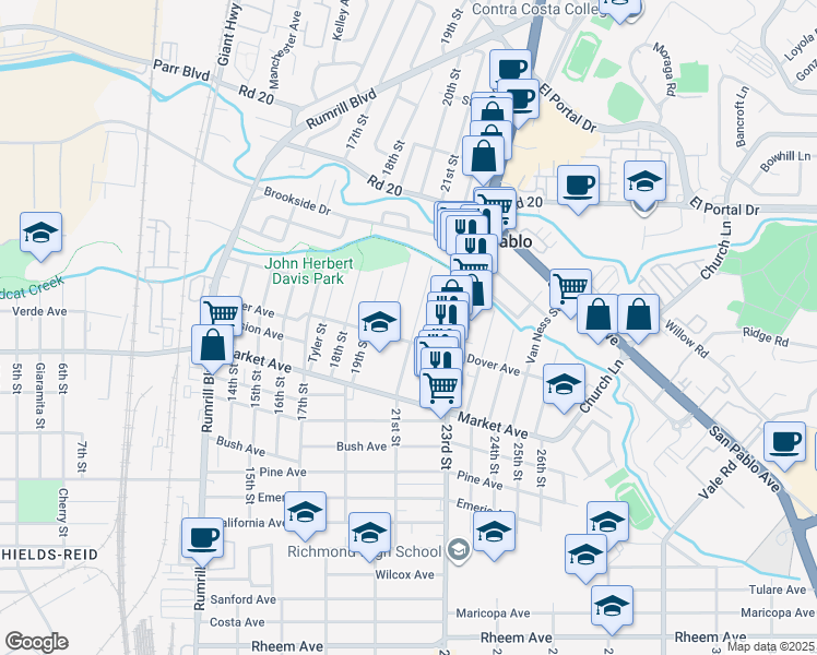 map of restaurants, bars, coffee shops, grocery stores, and more near 1945 21st Street in San Pablo