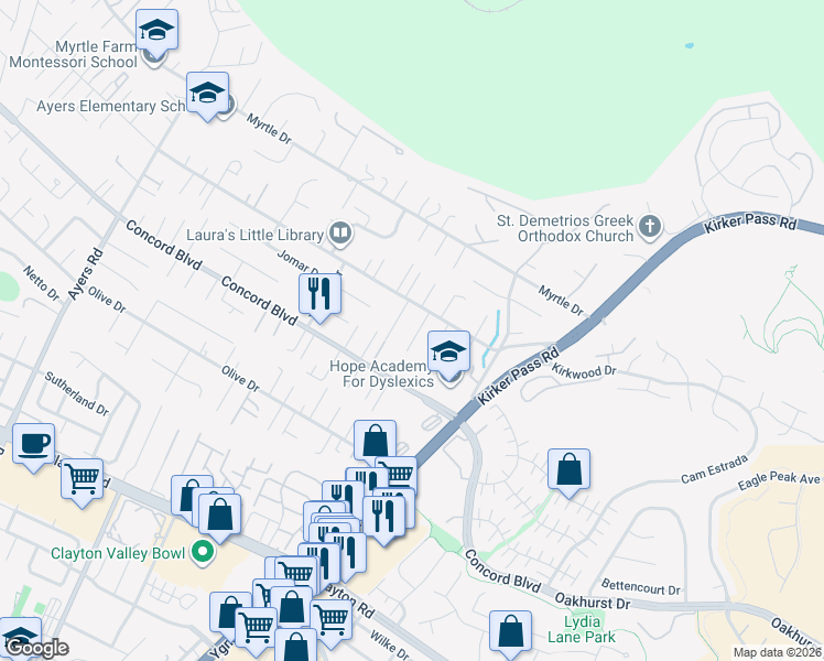 map of restaurants, bars, coffee shops, grocery stores, and more near 1833 Helena Drive in Concord