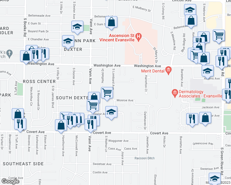 map of restaurants, bars, coffee shops, grocery stores, and more near 1206 South Lombard Avenue in Evansville