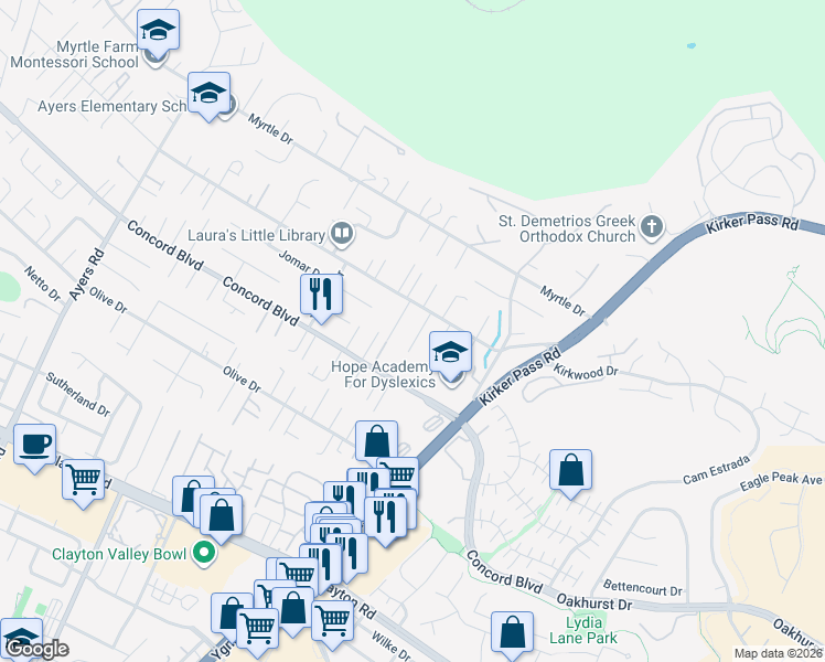 map of restaurants, bars, coffee shops, grocery stores, and more near 1833 Helena Drive in Concord