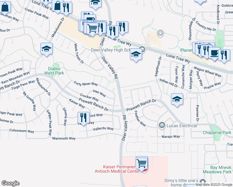 map of restaurants, bars, coffee shops, grocery stores, and more near 2601 Forty Niner Way in Antioch