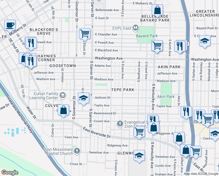 map of restaurants, bars, coffee shops, grocery stores, and more near in Evansville