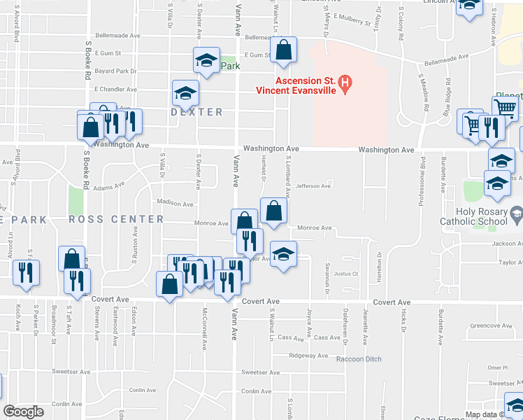 map of restaurants, bars, coffee shops, grocery stores, and more near 1322 Hatfield Drive in Evansville