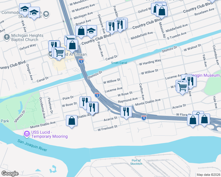 map of restaurants, bars, coffee shops, grocery stores, and more near 2409 Lucerne Avenue in Stockton