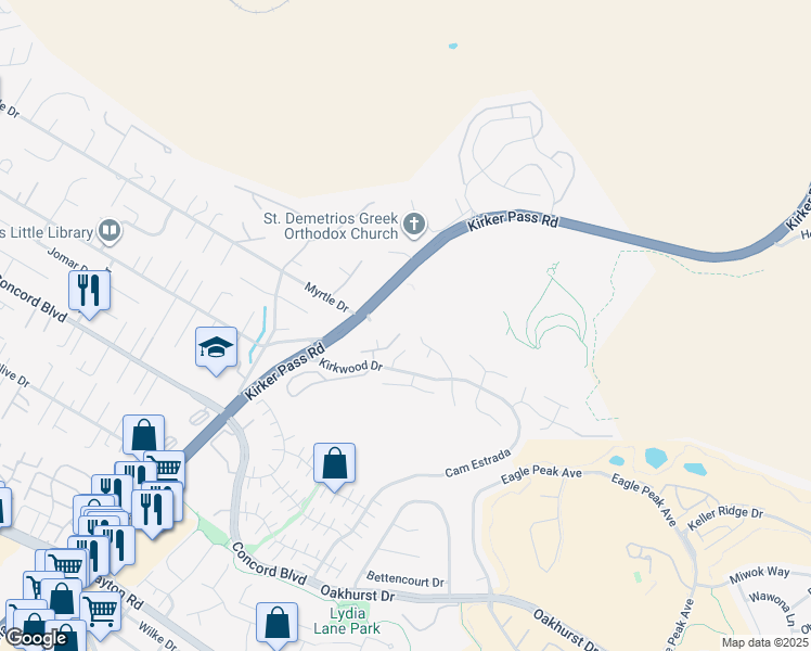 map of restaurants, bars, coffee shops, grocery stores, and more near 5455 Kirkwood Drive in Concord