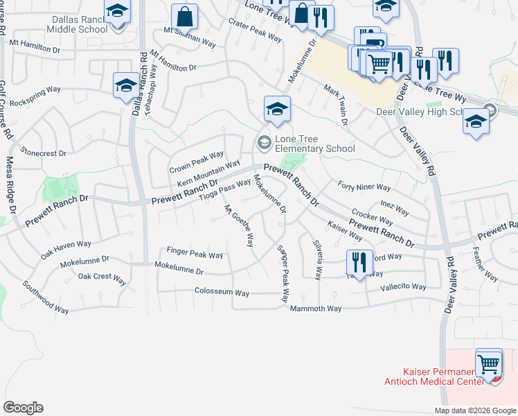 map of restaurants, bars, coffee shops, grocery stores, and more near 1854 Sanger Peak Way in Antioch