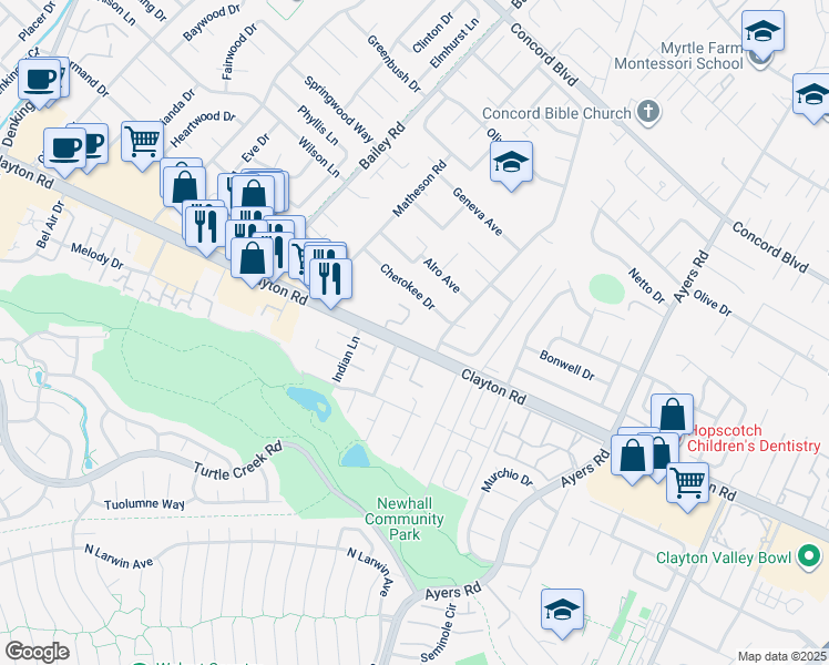 map of restaurants, bars, coffee shops, grocery stores, and more near 4860 Clayton Road in Concord