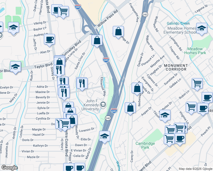 map of restaurants, bars, coffee shops, grocery stores, and more near 550 Ellinwood Way in Pleasant Hill