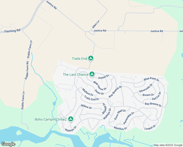 map of restaurants, bars, coffee shops, grocery stores, and more near Pintail Lane in Accomack County