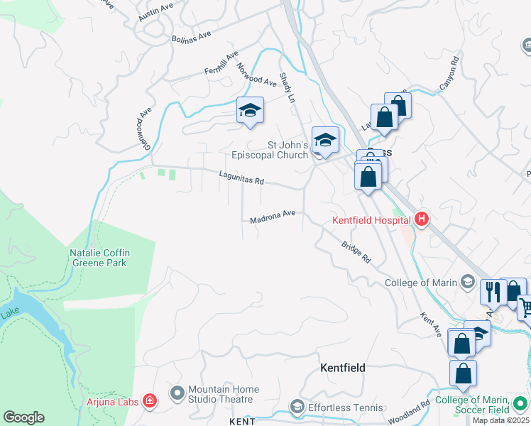 map of restaurants, bars, coffee shops, grocery stores, and more near 1 Spring Road in Ross