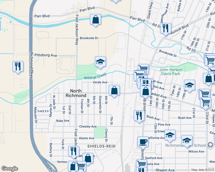 map of restaurants, bars, coffee shops, grocery stores, and more near 567 Market Avenue in Richmond