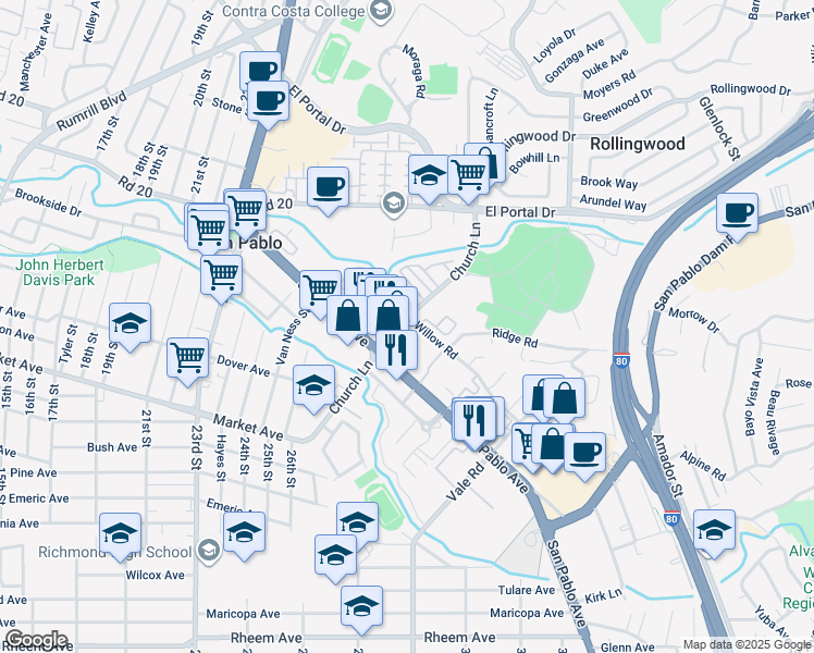 map of restaurants, bars, coffee shops, grocery stores, and more near 2330 Church Lane in San Pablo