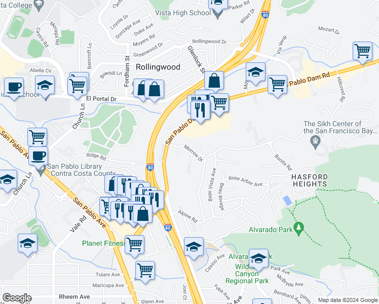 map of restaurants, bars, coffee shops, grocery stores, and more near 5482 Morrow Drive in San Pablo