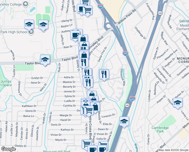 map of restaurants, bars, coffee shops, grocery stores, and more near 100 Ellinwood Drive in Pleasant Hill