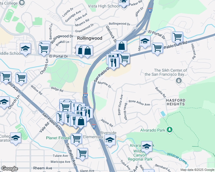 map of restaurants, bars, coffee shops, grocery stores, and more near 5480 Morrow Drive in San Pablo