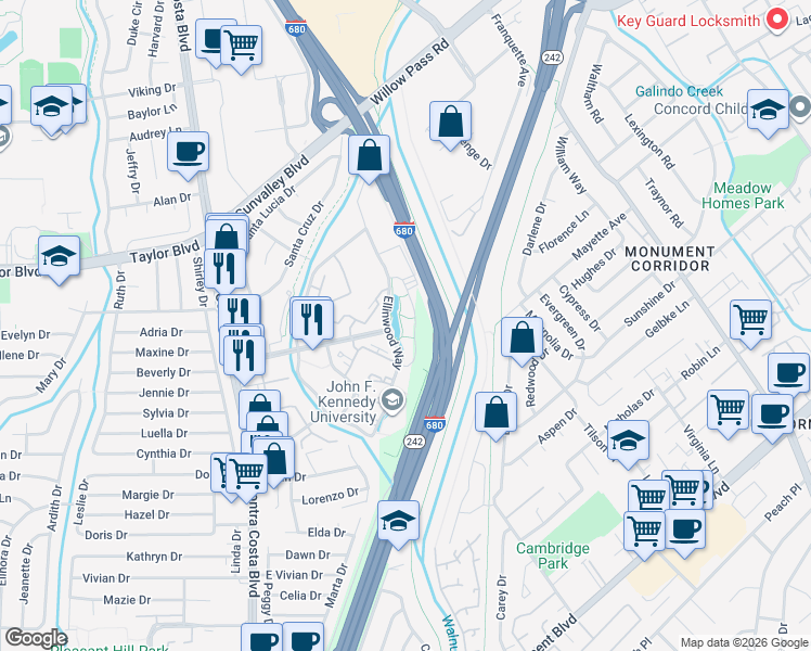 map of restaurants, bars, coffee shops, grocery stores, and more near 400 Ellinwood Way in Pleasant Hill