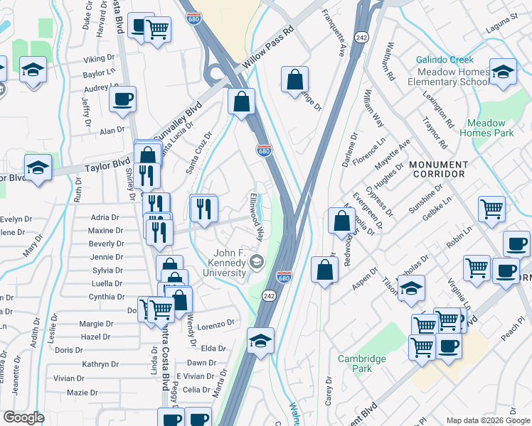 map of restaurants, bars, coffee shops, grocery stores, and more near 400 Ellinwood Way in Pleasant Hill