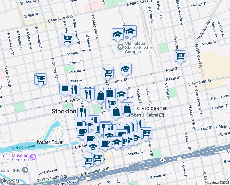 map of restaurants, bars, coffee shops, grocery stores, and more near 2 East Oak Street in Stockton