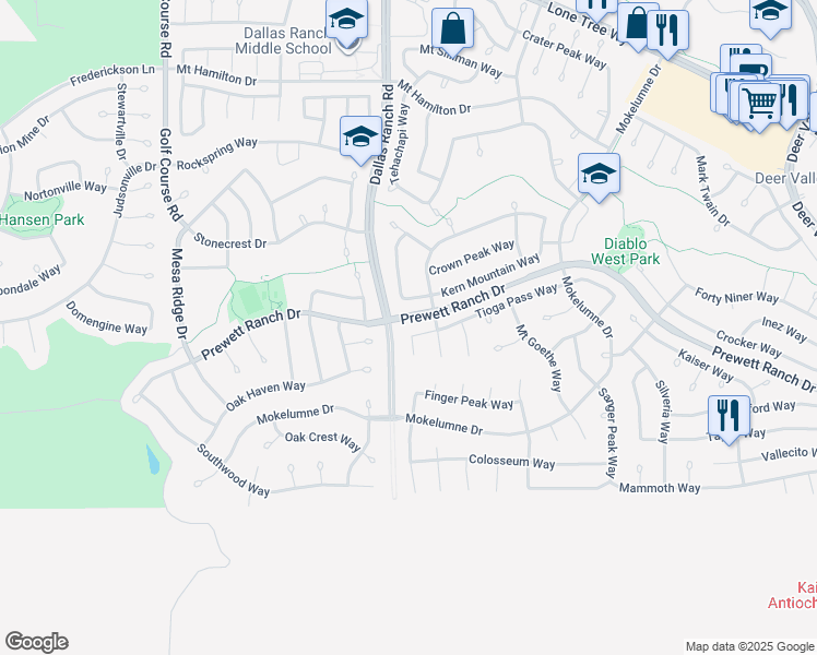 map of restaurants, bars, coffee shops, grocery stores, and more near 1817 Tioga Pass Way in Antioch