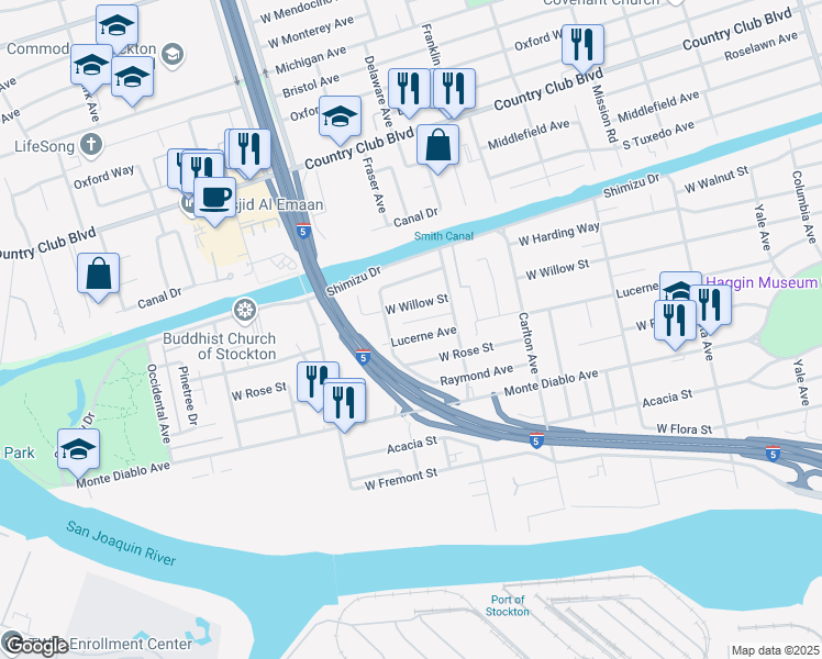 map of restaurants, bars, coffee shops, grocery stores, and more near 2409 Lucerne Avenue in Stockton