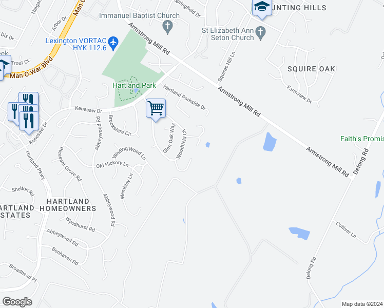 map of restaurants, bars, coffee shops, grocery stores, and more near 3601 Timberwood Lane in Lexington