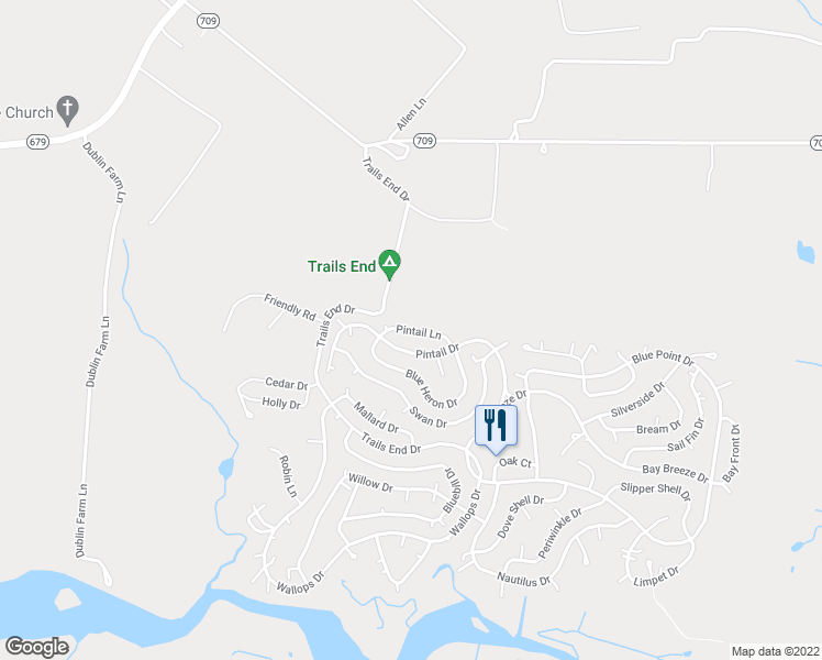 map of restaurants, bars, coffee shops, grocery stores, and more near Pintail Lane in Accomack County