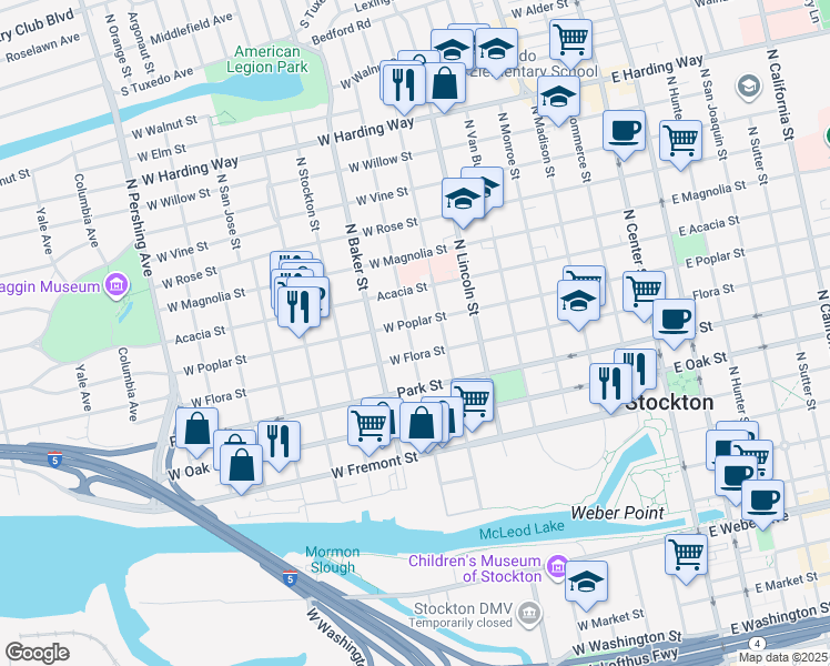 map of restaurants, bars, coffee shops, grocery stores, and more near 840 North Edison Street in Stockton
