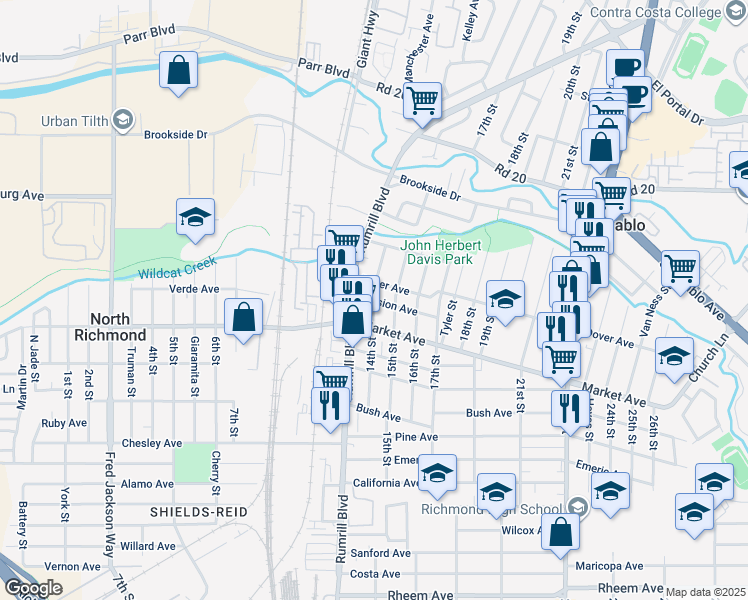 map of restaurants, bars, coffee shops, grocery stores, and more near 14th St & Mission Ave in San Pablo
