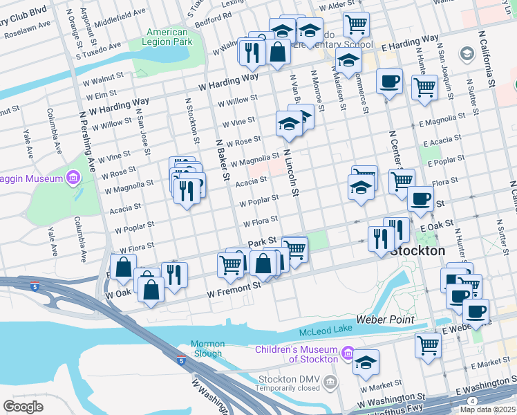 map of restaurants, bars, coffee shops, grocery stores, and more near 840 North Edison Street in Stockton