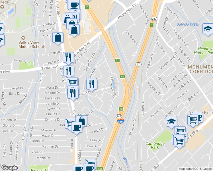 map of restaurants, bars, coffee shops, grocery stores, and more near 337 Rock Creek Way in Pleasant Hill