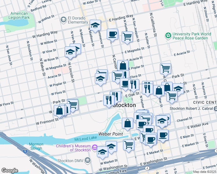 map of restaurants, bars, coffee shops, grocery stores, and more near 721 North Commerce Street in Stockton