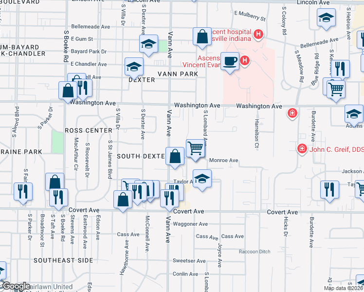 map of restaurants, bars, coffee shops, grocery stores, and more near 1313 Hatfield Drive in Evansville