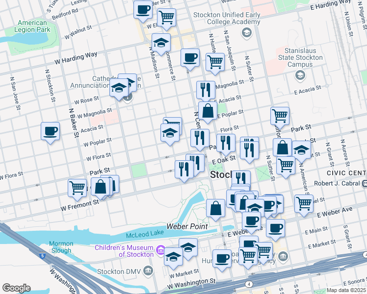 map of restaurants, bars, coffee shops, grocery stores, and more near 104 West Park Street in Stockton