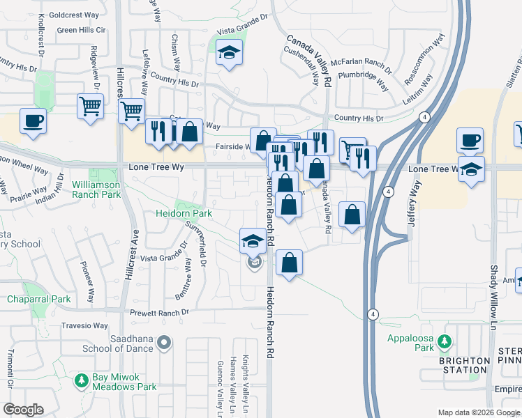 map of restaurants, bars, coffee shops, grocery stores, and more near 5209 Rainwood Way in Antioch