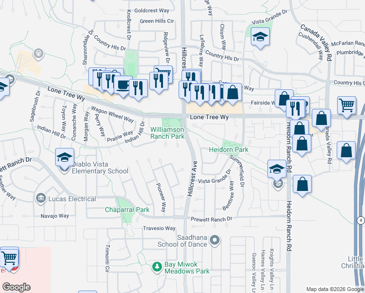 map of restaurants, bars, coffee shops, grocery stores, and more near 5368 Hillcrest Avenue in Antioch