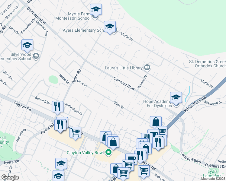 map of restaurants, bars, coffee shops, grocery stores, and more near 5230 Heritage Drive in Concord