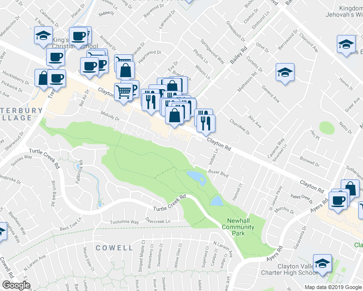 map of restaurants, bars, coffee shops, grocery stores, and more near 4756 Clayton Road in Concord