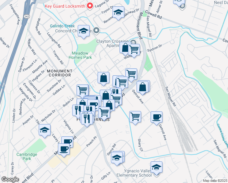 map of restaurants, bars, coffee shops, grocery stores, and more near 2351 Monument Boulevard in Concord