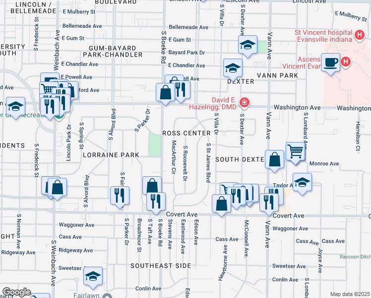 map of restaurants, bars, coffee shops, grocery stores, and more near 1230 Macarthur Drive in Evansville