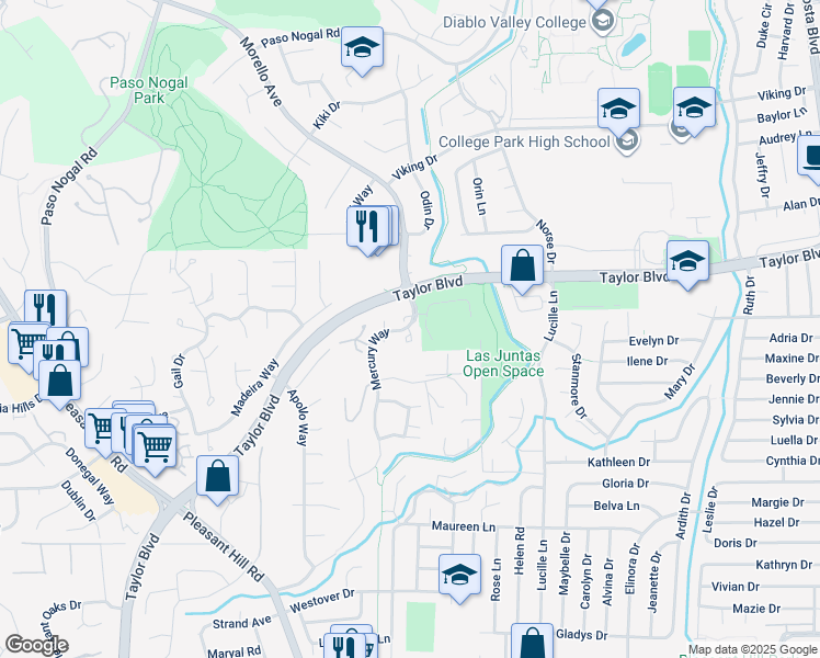 map of restaurants, bars, coffee shops, grocery stores, and more near 900 Kimberly Cir in Pleasant Hill