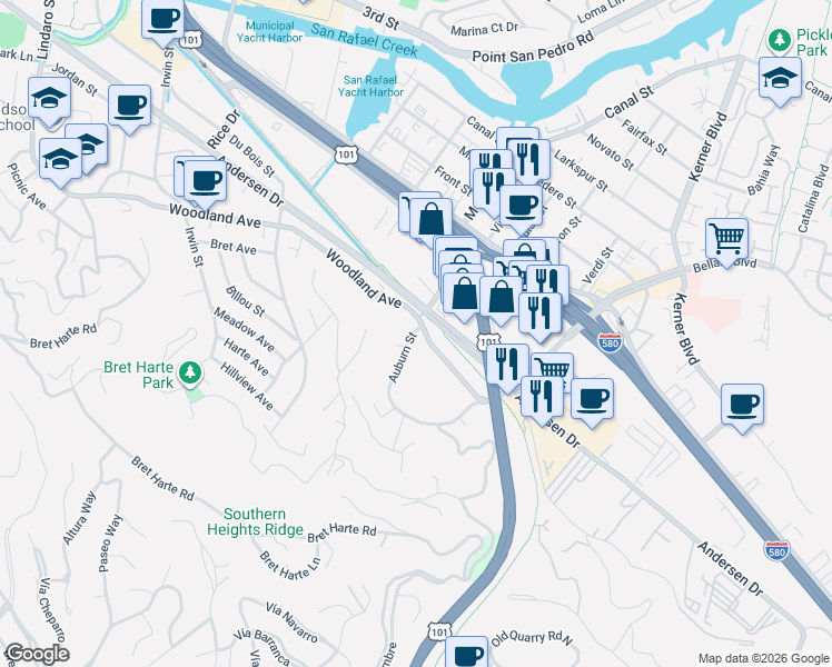 map of restaurants, bars, coffee shops, grocery stores, and more near 109A Auburn Street in San Rafael