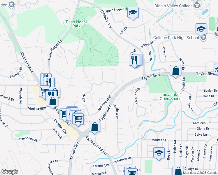 map of restaurants, bars, coffee shops, grocery stores, and more near 2951 Hannan Drive in Pleasant Hill