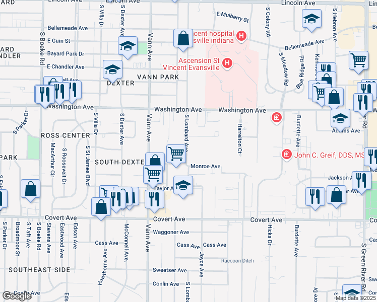 map of restaurants, bars, coffee shops, grocery stores, and more near 3410 Monroe Avenue in Evansville