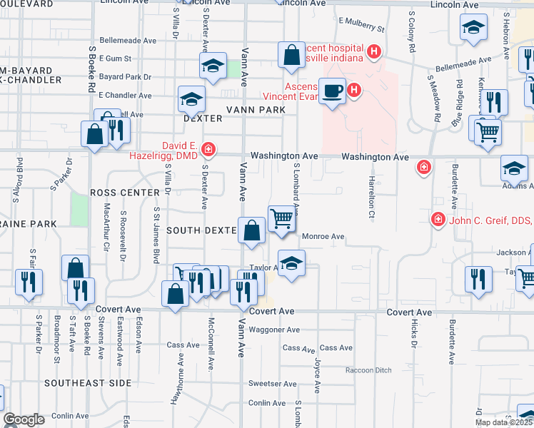 map of restaurants, bars, coffee shops, grocery stores, and more near 1290 Hatfield Drive in Evansville